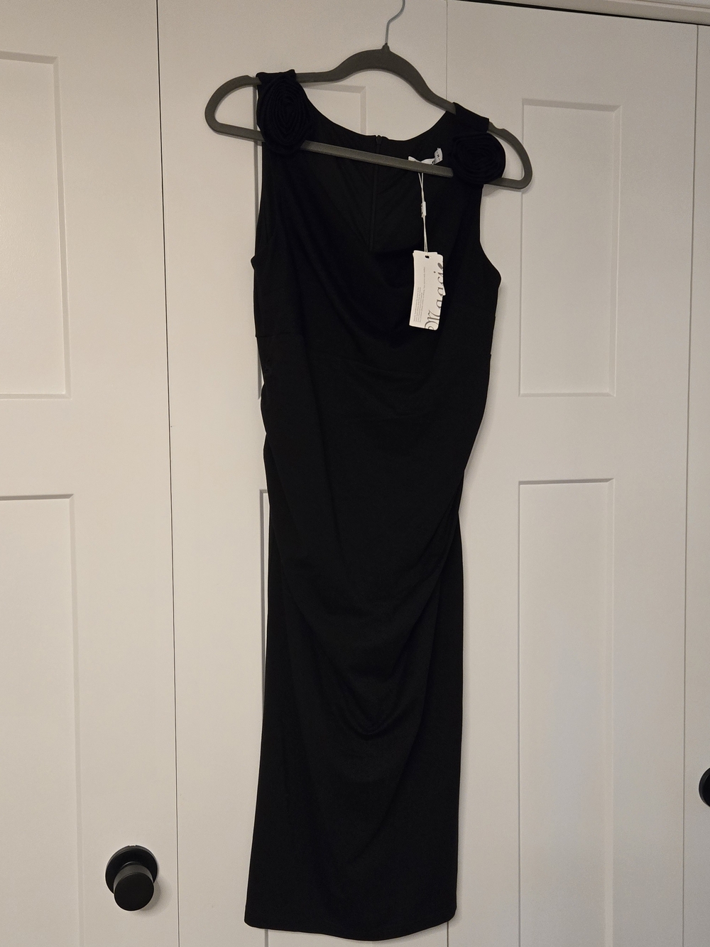 MATERNITY Classic Black Sleeveless Midi Dress with Rosette Detail